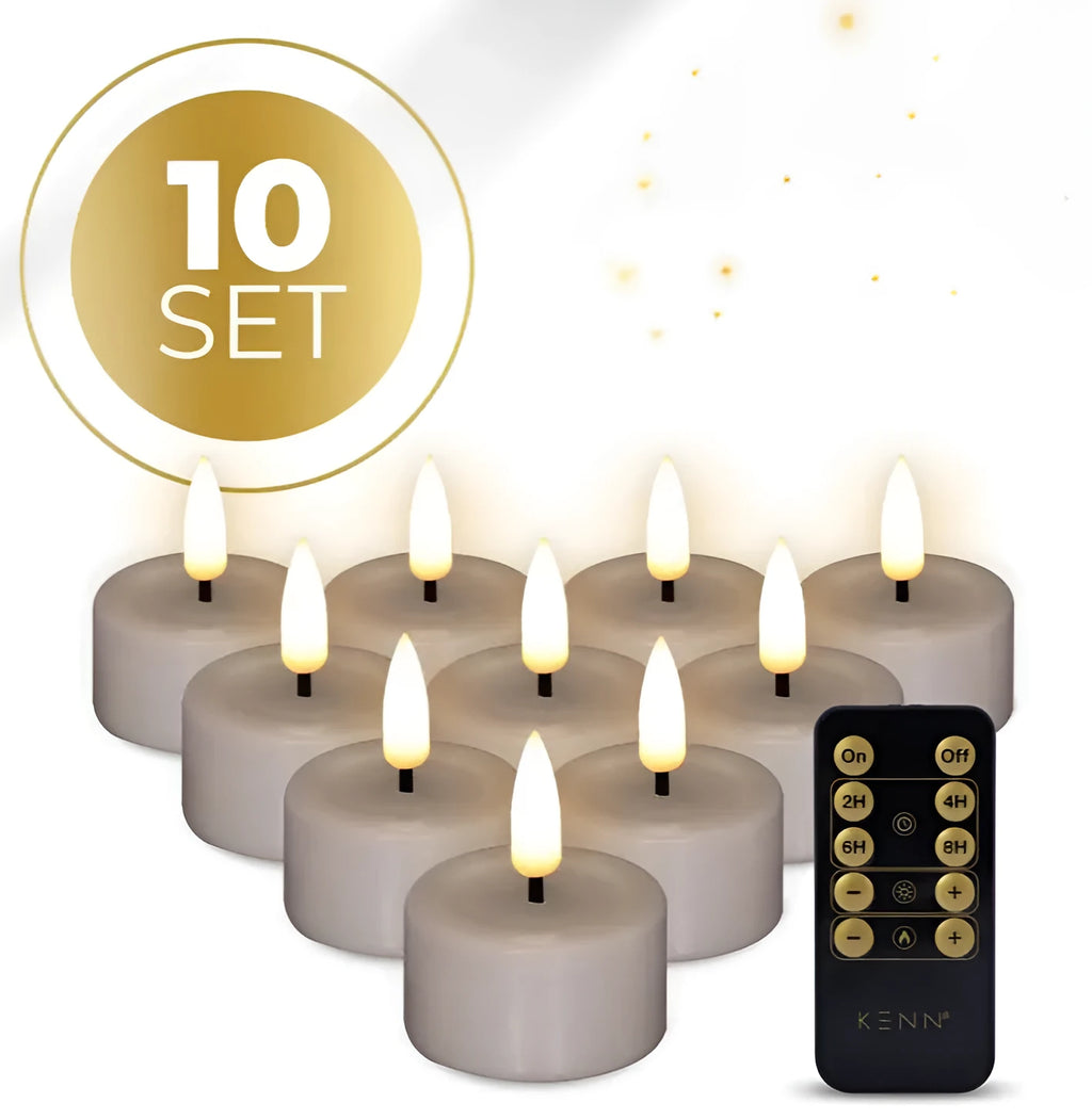 Four taupe-coloured S10 3D flame LED tealight candles showing flickering glow.