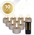 Four taupe-coloured S10 3D flame LED tealight candles showing flickering glow.