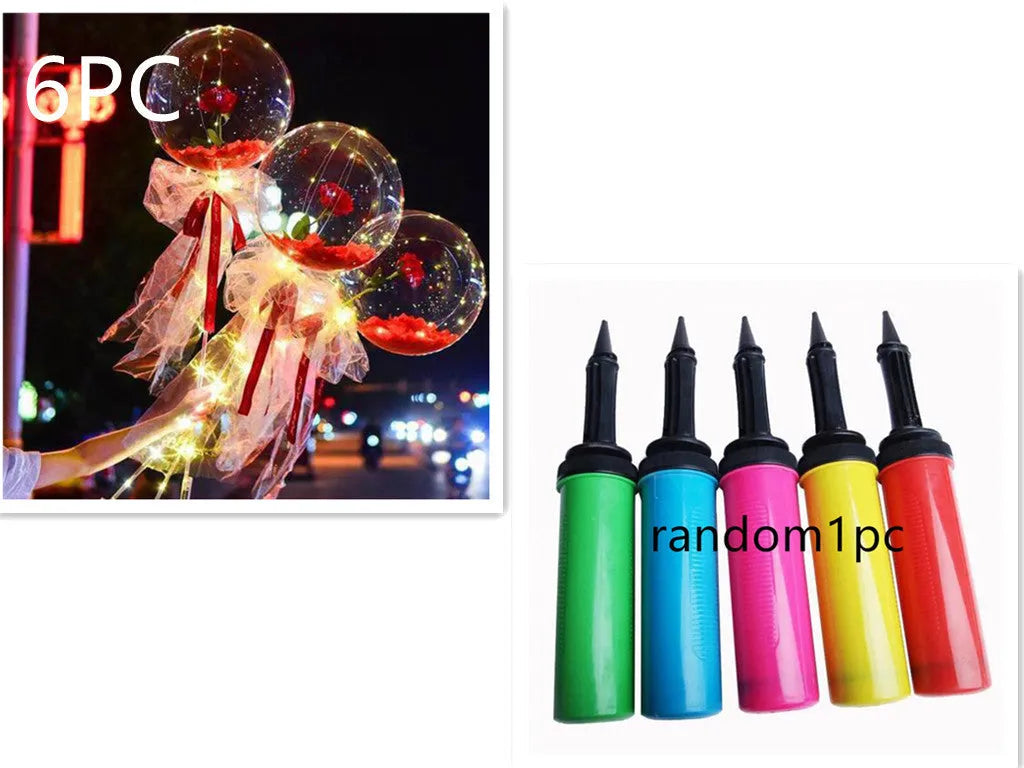 Transparent LED luminous balloon bouquet with artificial rose and glowing light inside, displayed as a DIY kit.