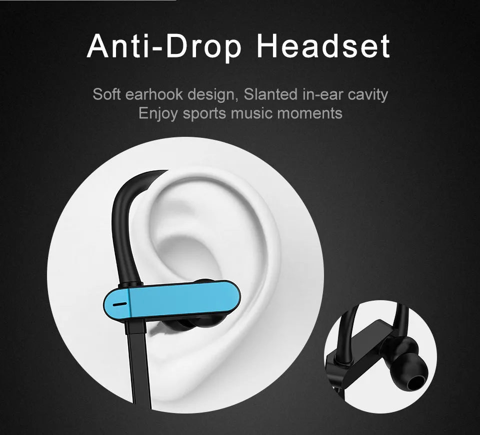 Black and blue sport ear hooks attached to PTM TS27 earphones with microphone.