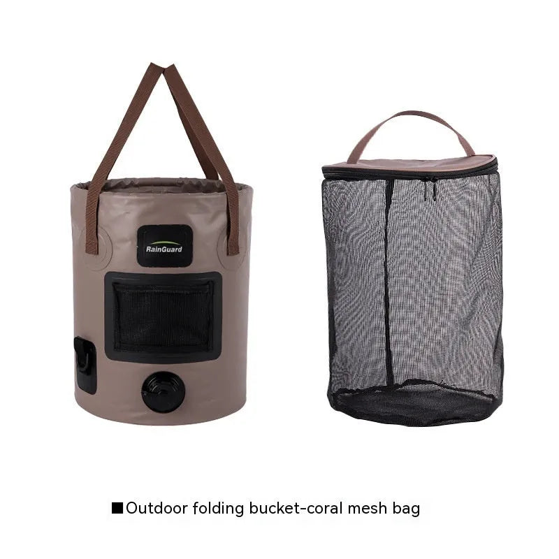 Yellow folding plastic fishing bucket shown open and collapsed, 25 litre capacity.