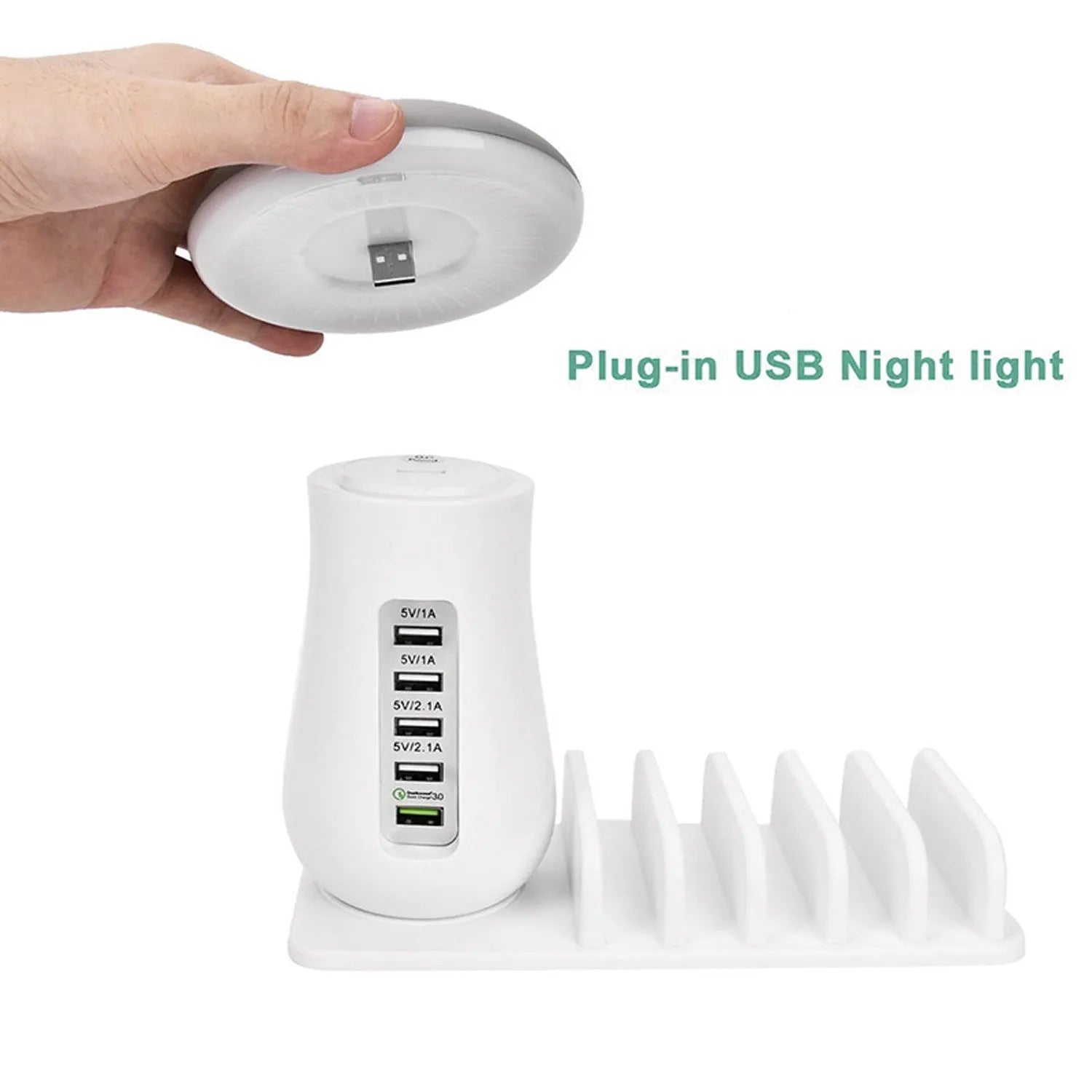 White mushroom-shaped USB charging dock station with five ports and a glowing LED light on a desk.