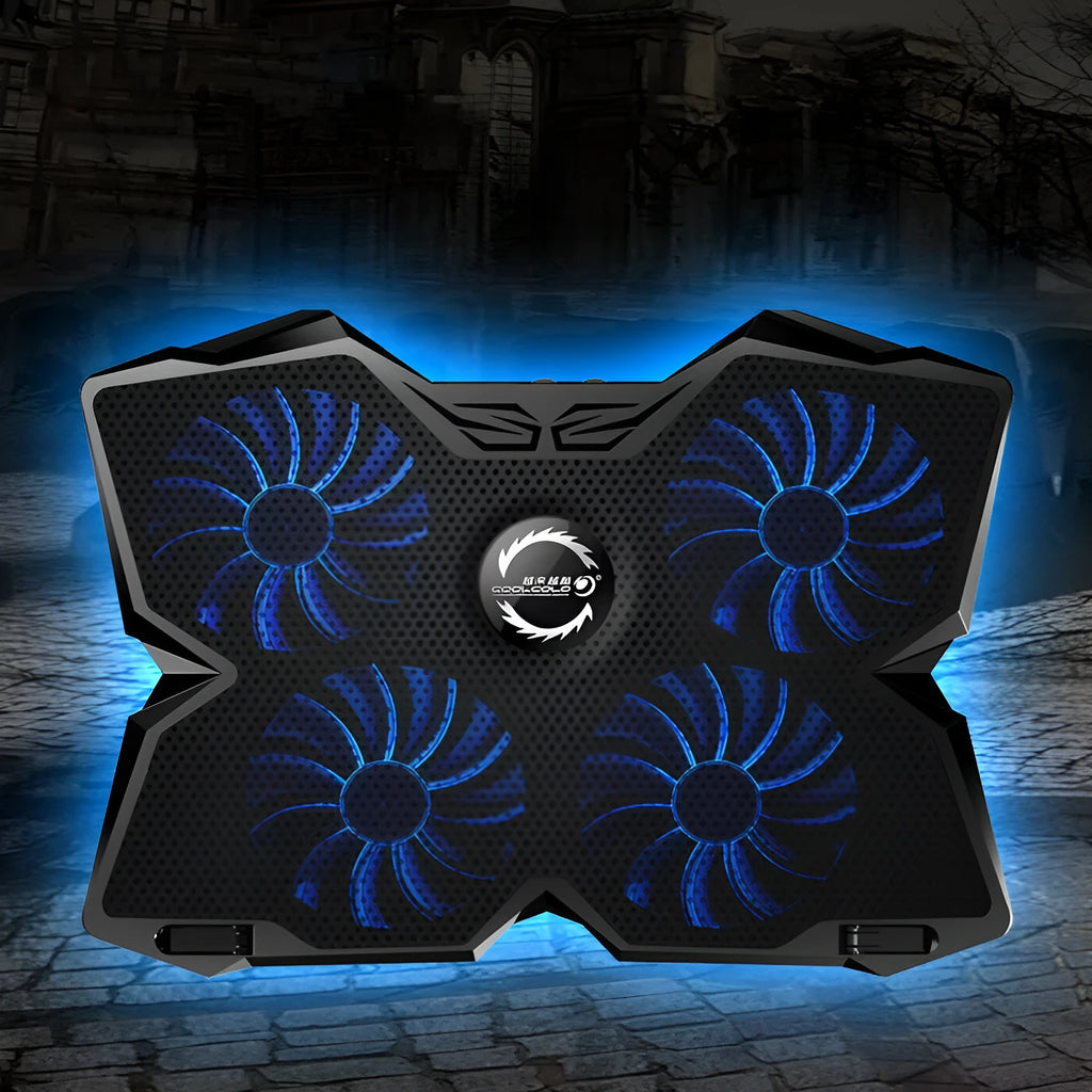 Blue laptop cooling base with four LED fans and two USB ports on front edge