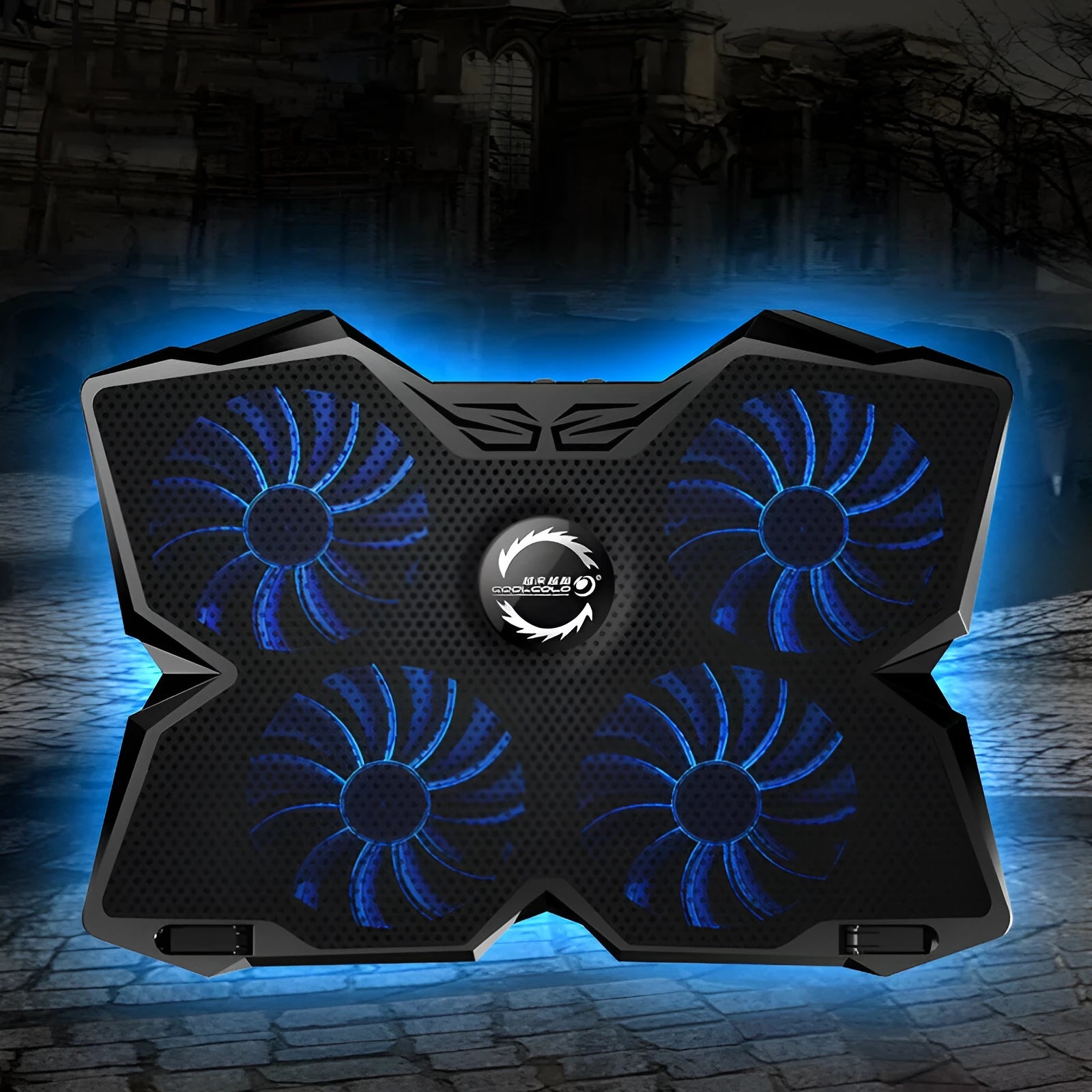 Blue laptop cooling base with four LED fans and two USB ports on front edge