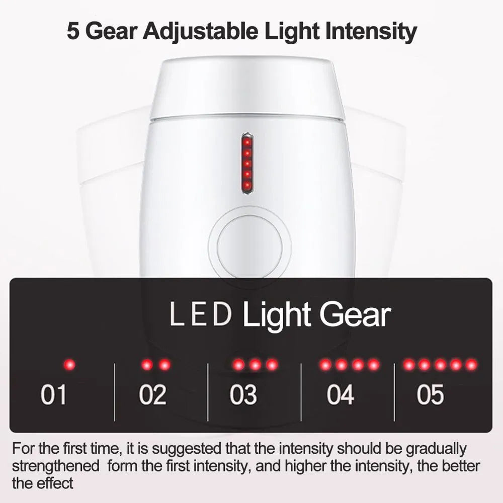 White at-home laser hair removal device with five buttons on a compact handheld body.