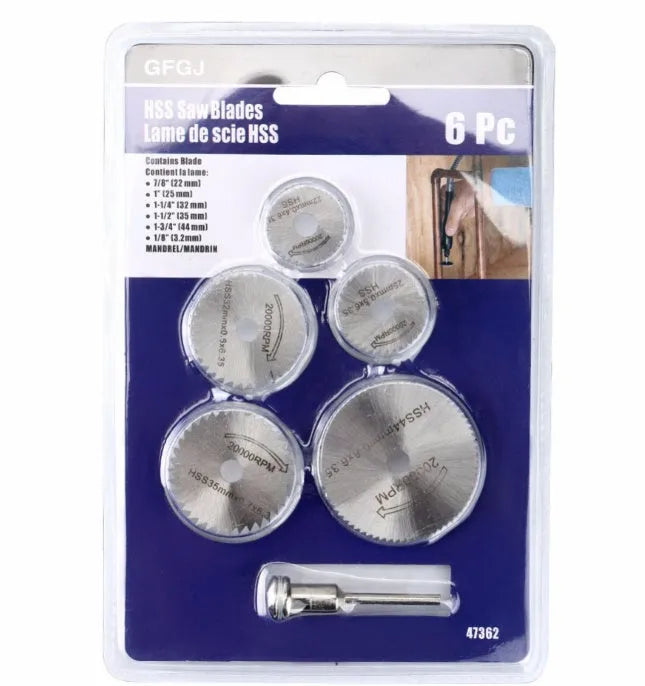 Set of six small circular high-speed steel saw blades and a mandrel on a white background