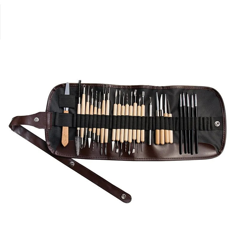 27-piece brown pottery clay tool set with wood, steel, and plastic tools in an OPP storage bag