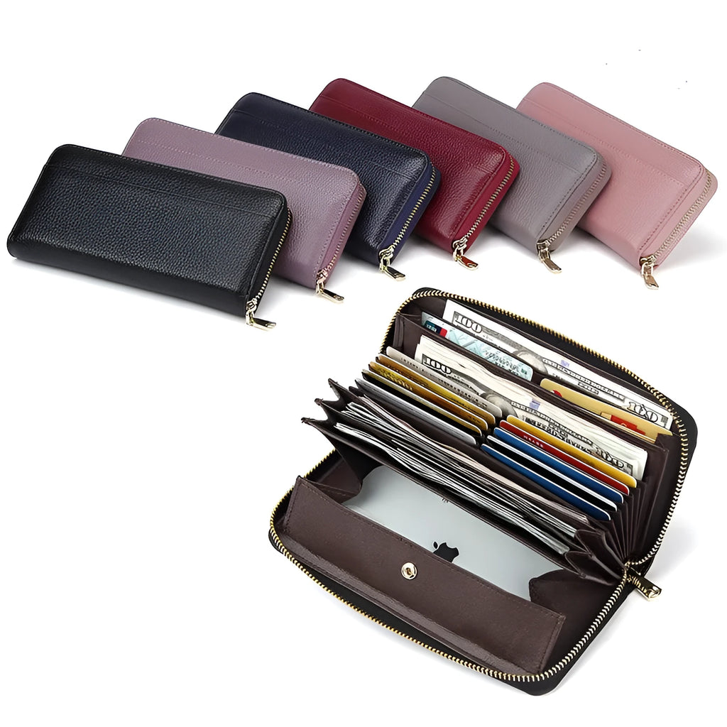 Genuine leather women's wallet showing interior compartments and anti-theft card swiping feature