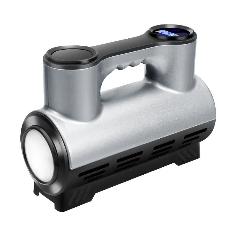 12V portable car tyre inflator with digital display, LED light, and nozzles on a black ABS housing.