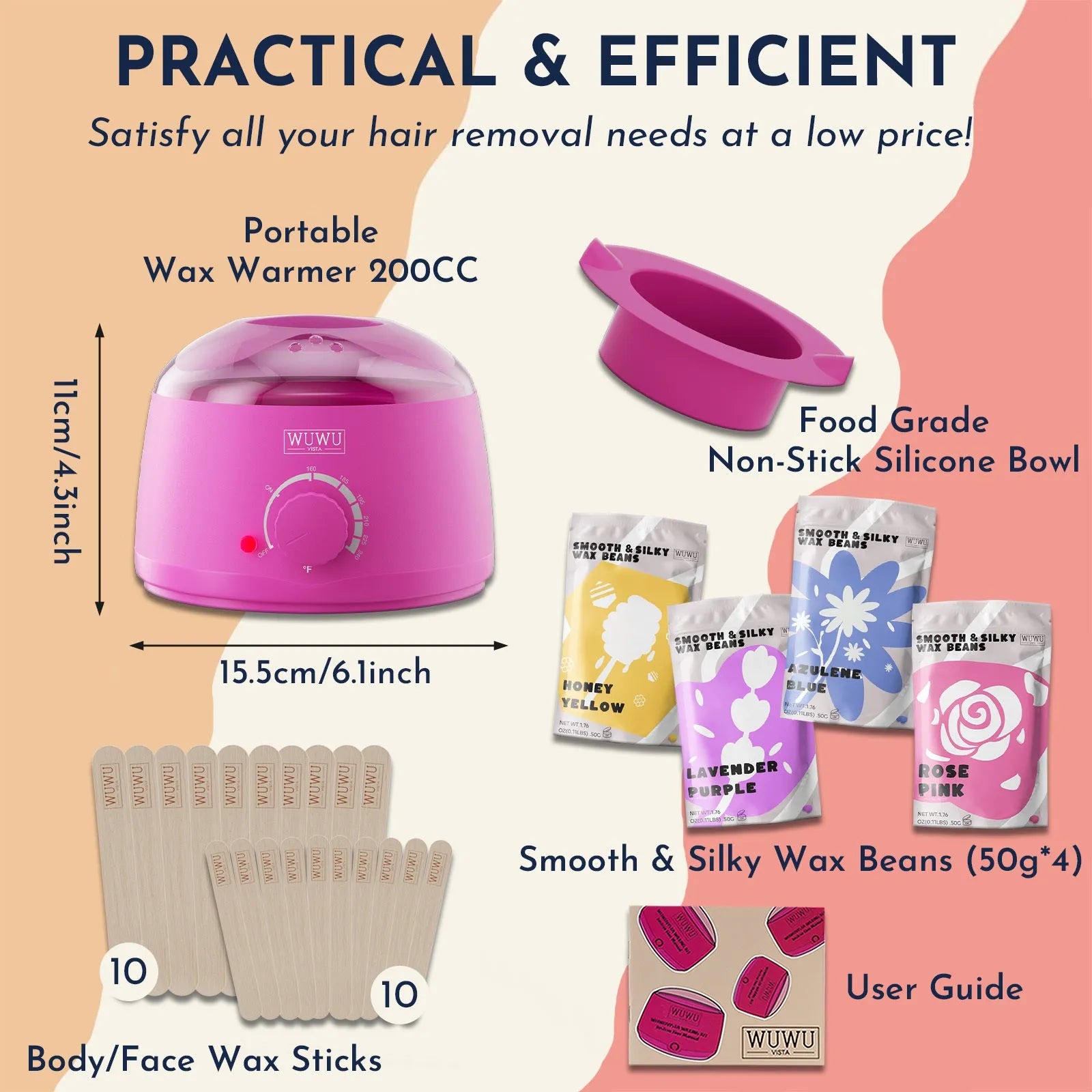 27 piece hair removal waxing kit with wax warmer, four coloured wax beads and application sticks