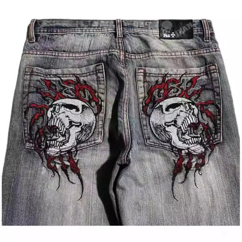 Grey washed-out men's jeans with a wide-leg, straight-cut retro workwear design.