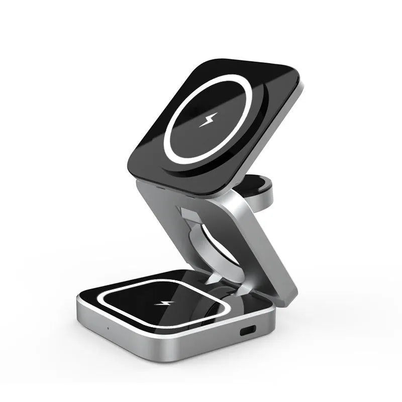 Foldable three-in-one desktop wireless charging stand for Apple iPhone and Samsung Galaxy phone.