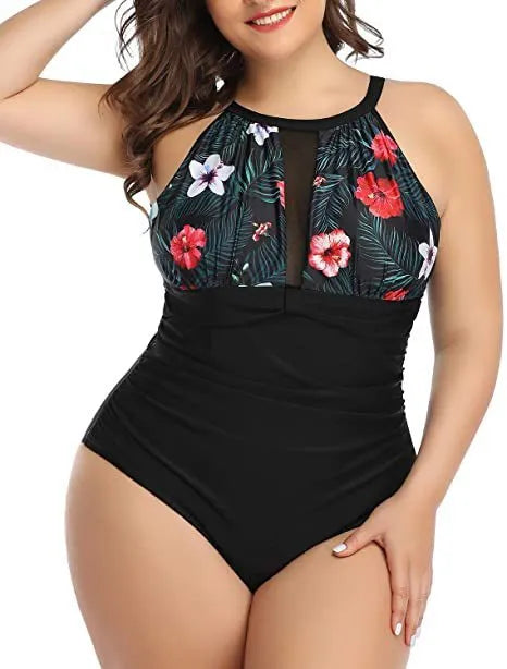 Women's solid colour polyester one-piece swimsuit with lace detailing in black colour