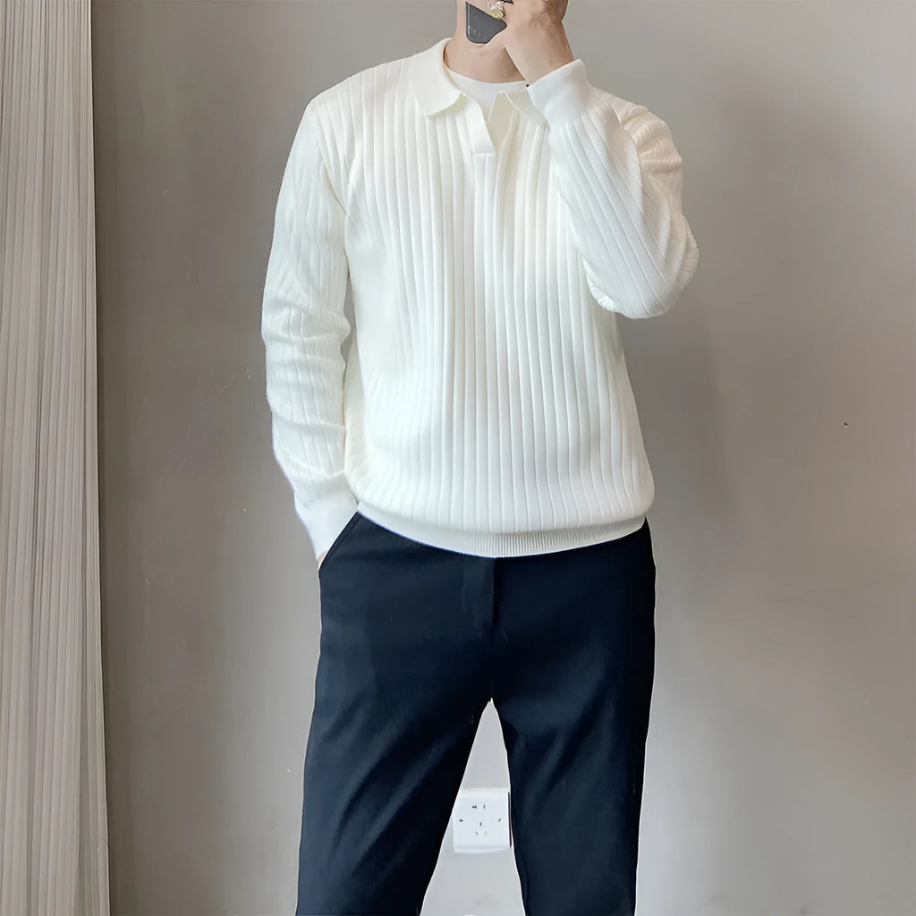 Boys loose elastic knitted sweater in modal fabric with stripe lapel detail