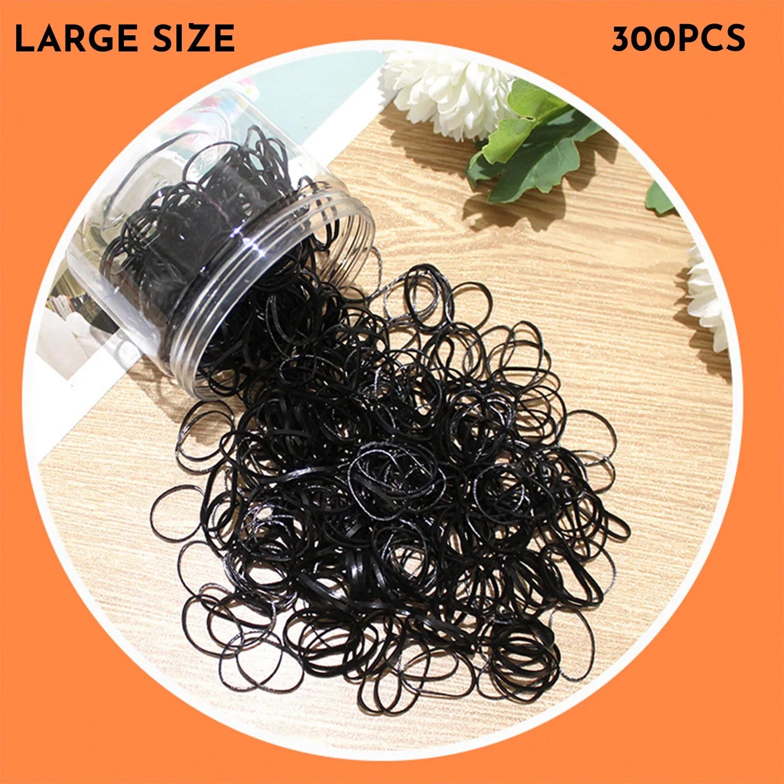 Pack of multicoloured thin TPU baby hair ties stored in a clear reusable plastic container.