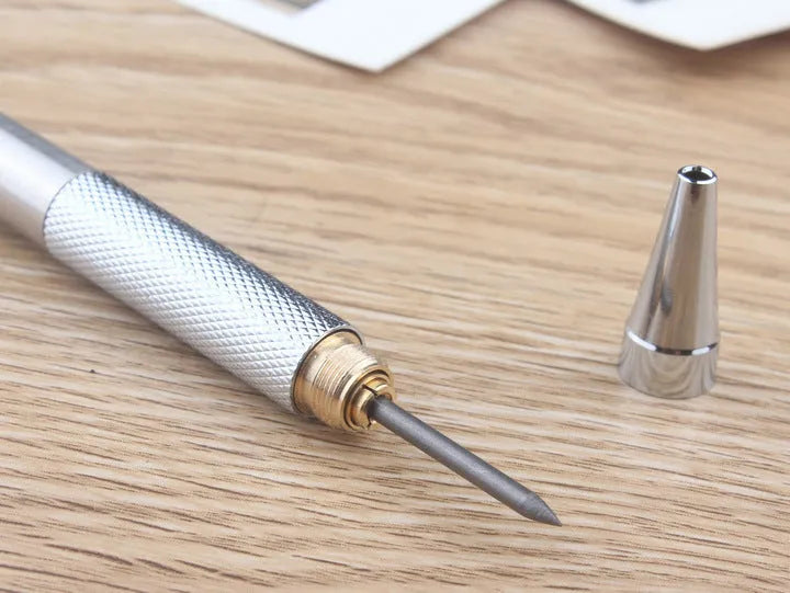 Metal automatic mechanical pencil shown with selectable lead size options including 0.5mm and 2.0mm.