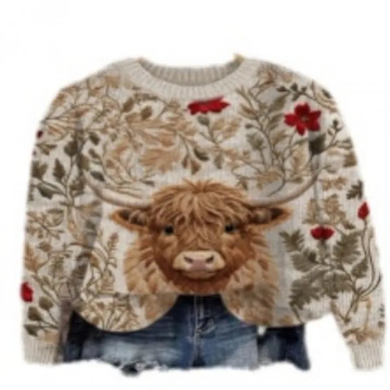 A round neck casual sweater with a small digital floral print, shown in one of thirteen available colours.