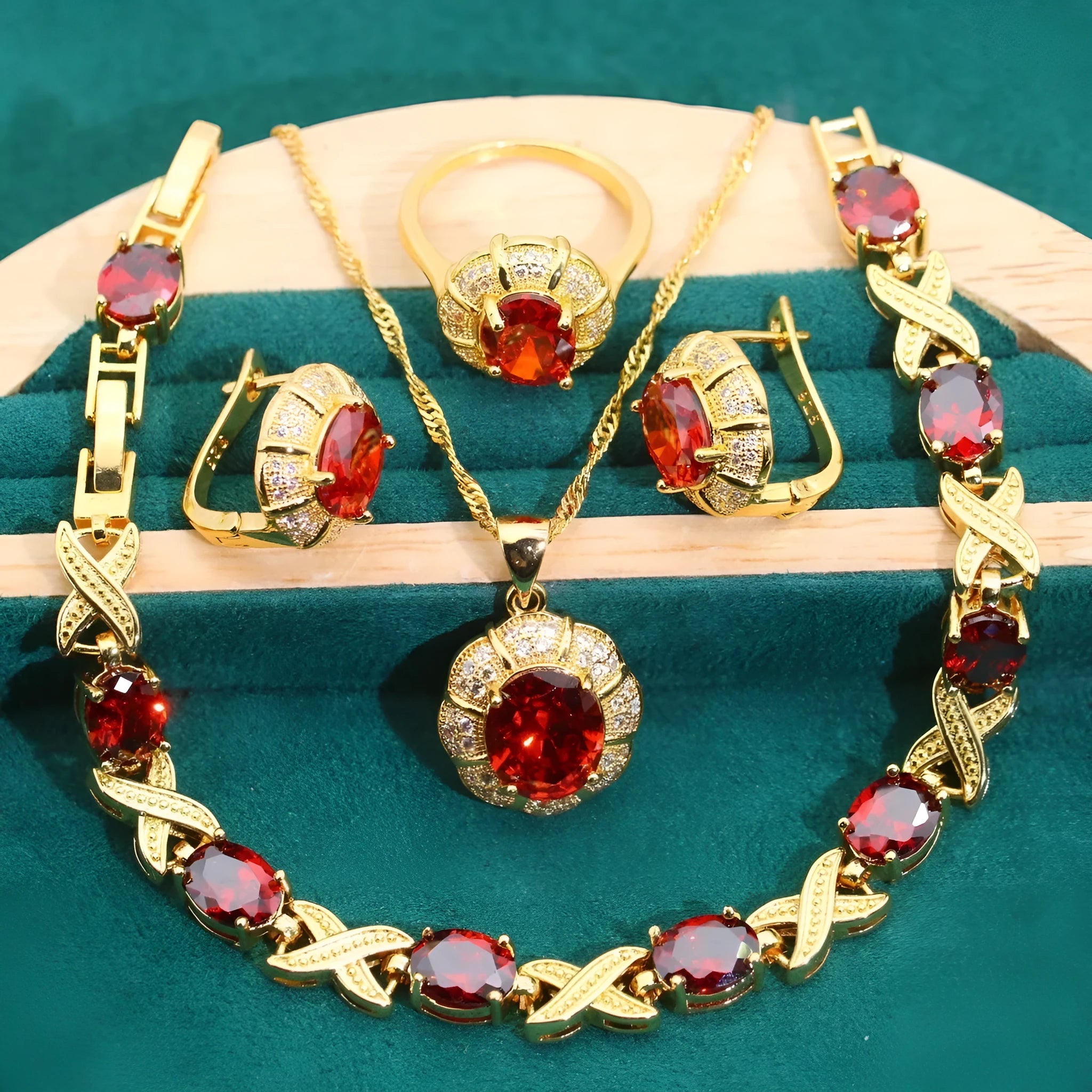 18k gold plated jewellery set with multi-colour cubic zirconia stones including necklace, earrings, ring, and bracelet.