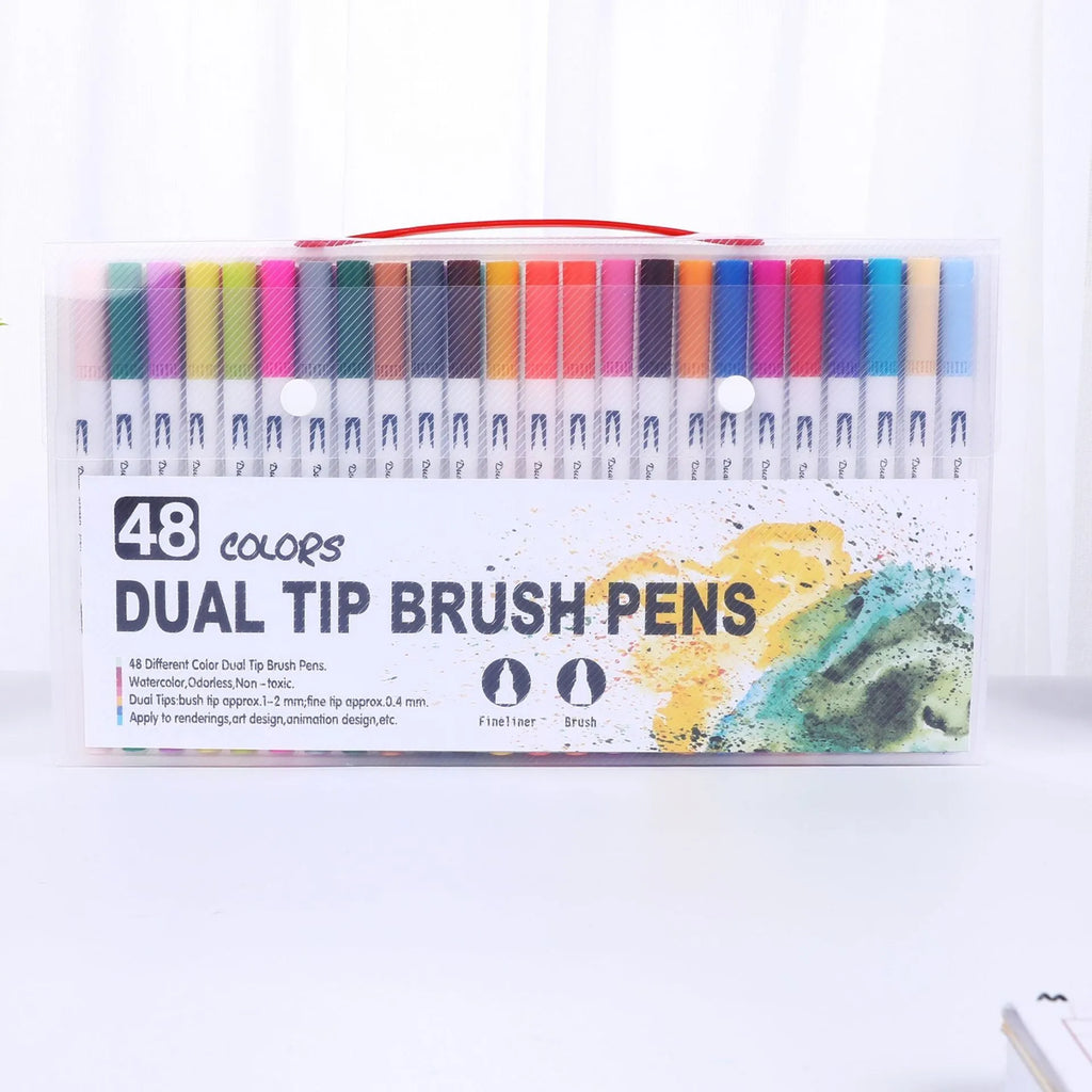 Set of watercolour pens in various colours arranged in a case, showing plastic barrels and fine tips.
