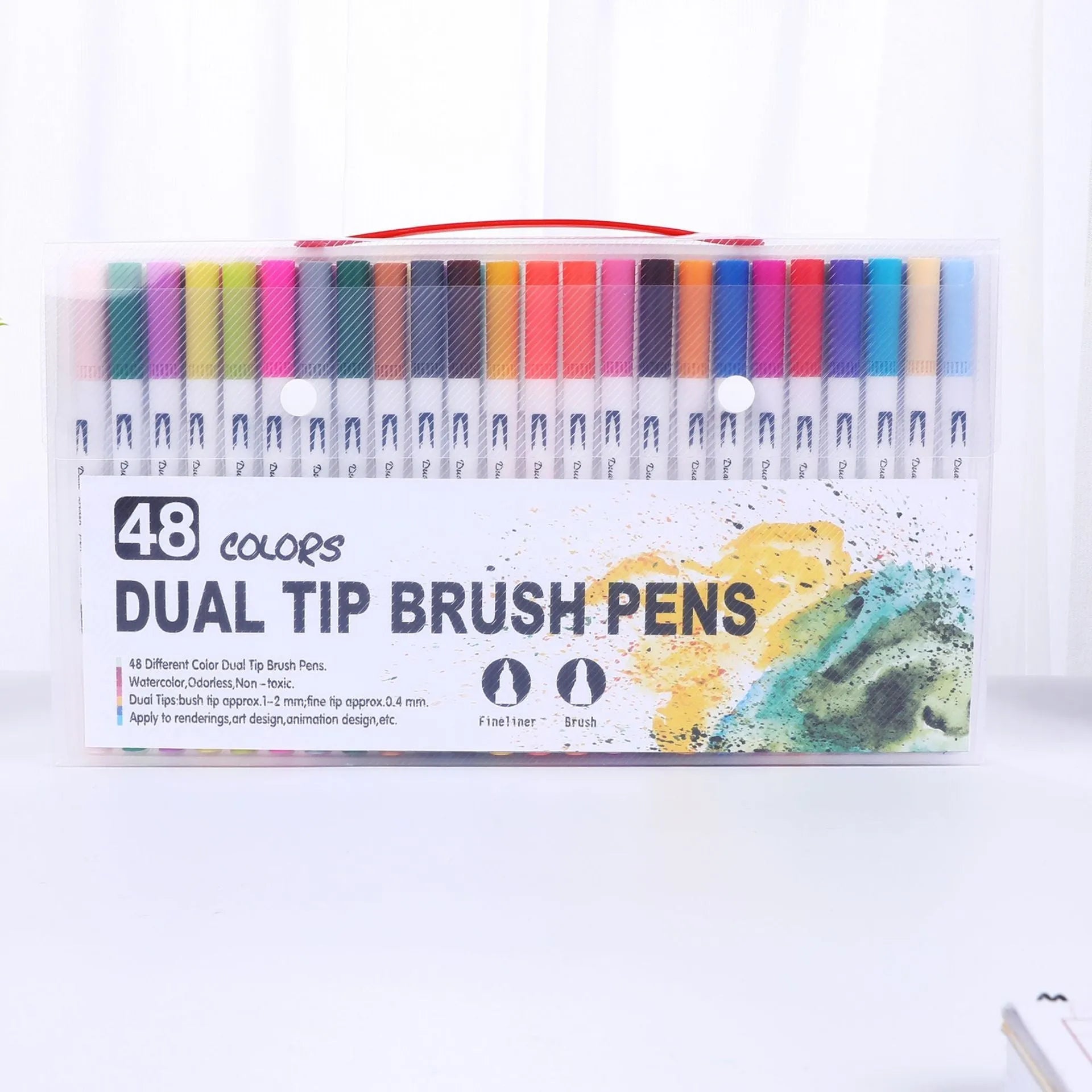 Set of watercolour pens in various colours arranged in a case, showing plastic barrels and fine tips.