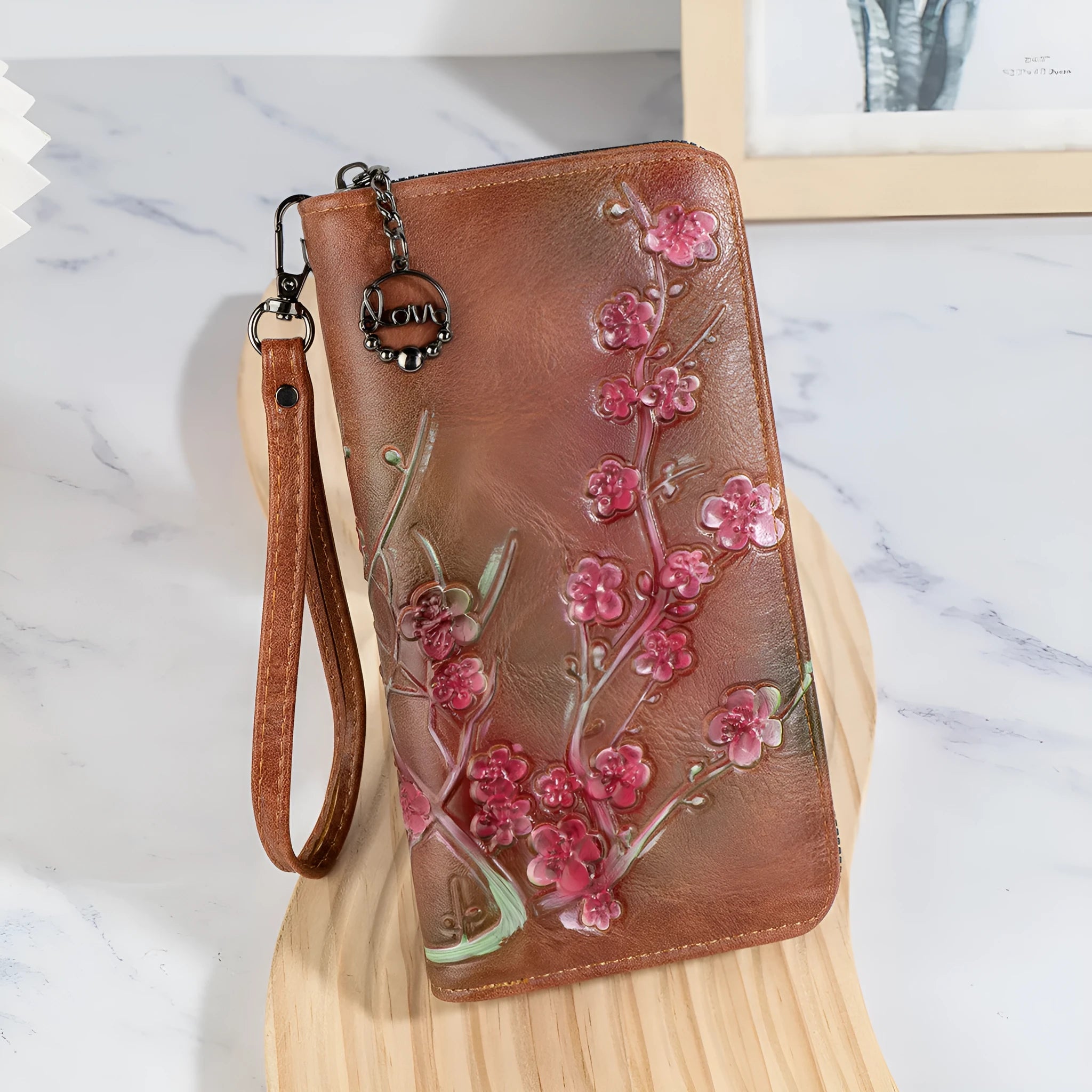 Embossed hand-painted Chinese floral pattern handbag with zipper closure in black colour option