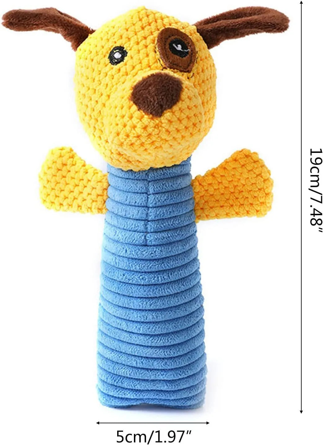 Soft plush dog chew toy in animal shape with squeaker, shown with size scale.