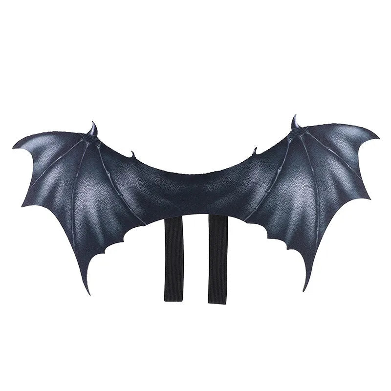 Black cloth bat wings pet costume accessory shown in three sizes for Halloween