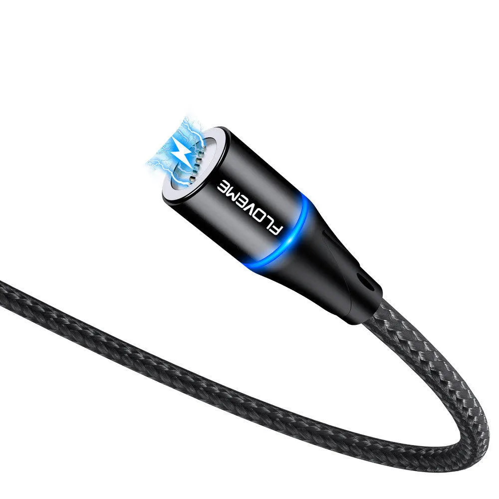 A black magnetic fast-charge data cable with LED light on the connector, next to a smartphone.