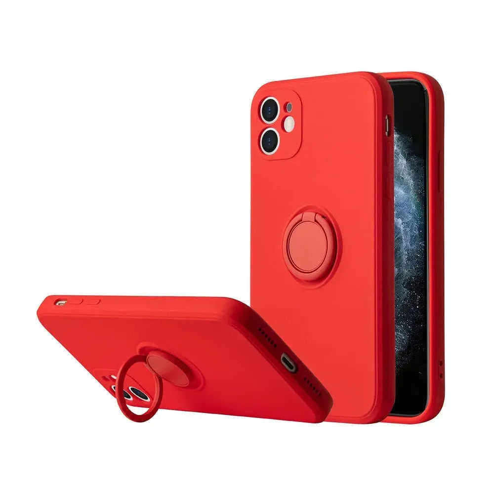 Liquid silicone phone case with a flip-out bracket for Apple iPhone 12, shown in a choice of colours.