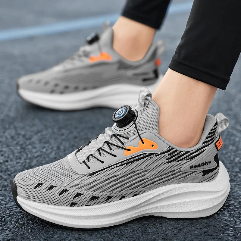 Men's casual sports running shoes with rotating buckle and Fly-kit mesh upper in white green colour