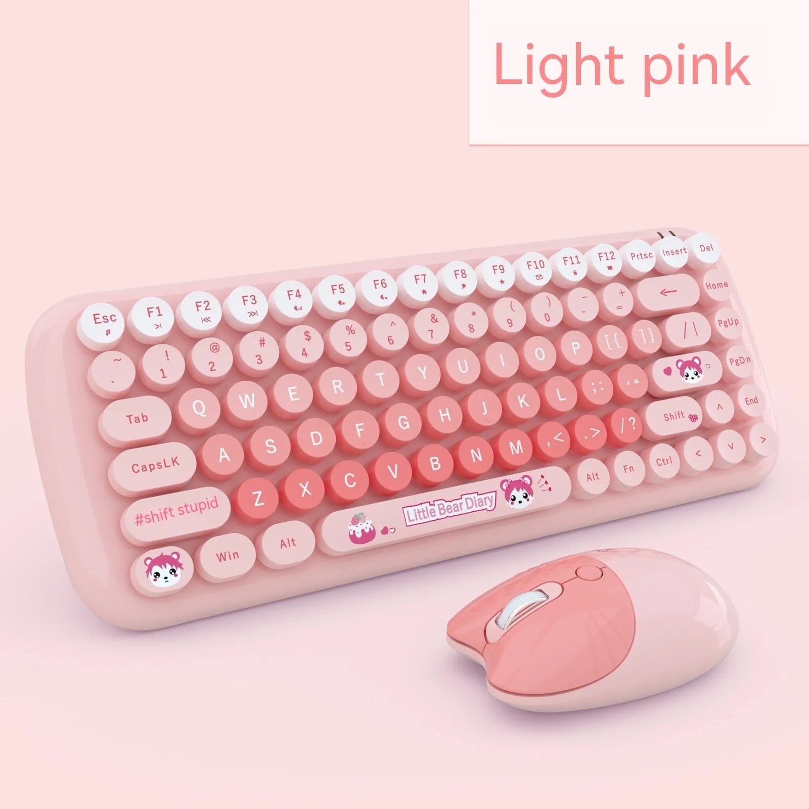 Pink mini cute cartoon wireless keyboard and mouse set with optical sensor and compact 43.5cm design
