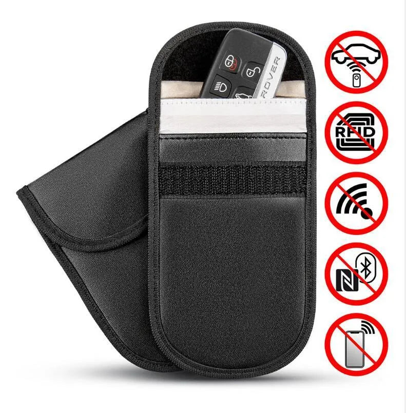 Black microfiber Faraday cage bag for blocking car key fob and RFID signals.