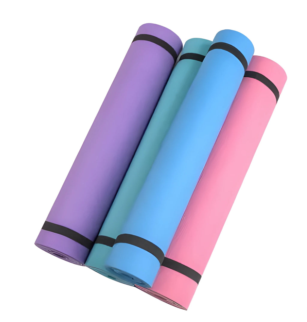 Super soft EVA yoga mat in blue showing texture and thickness