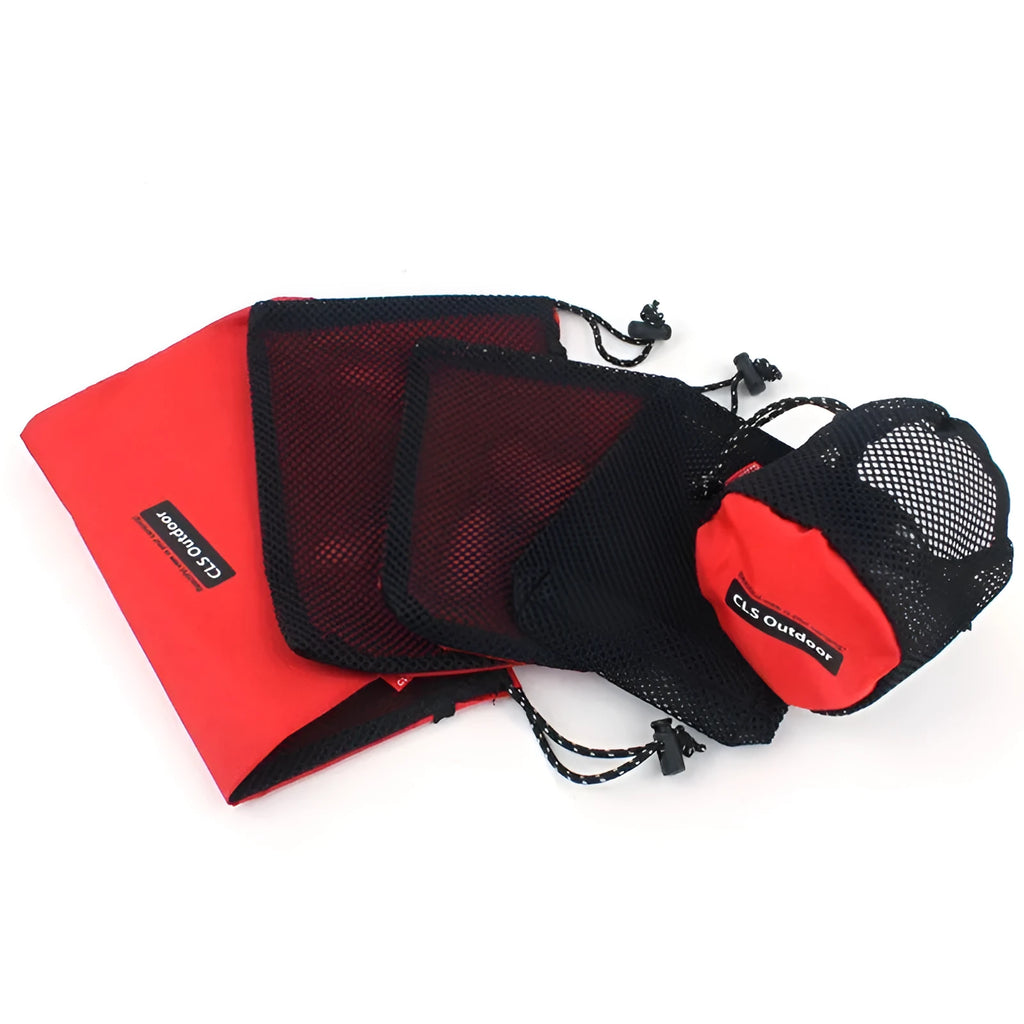 Red five-piece travel toiletry bag set with zipper closures and mesh panels