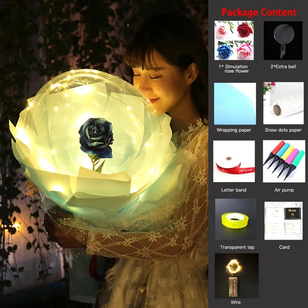 Transparent LED luminous balloon bouquet with artificial rose and glowing light inside, displayed as a DIY kit.