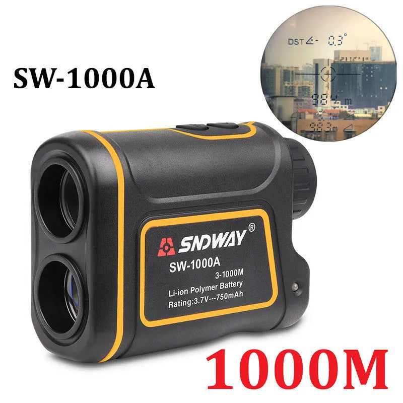 Handheld golf rangefinder device showing compact design with measurement display