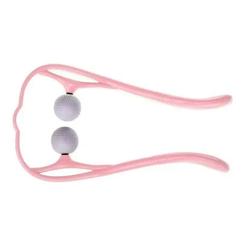 Plastic hand roller neck massager with adjustable stand and removable head in pink, blue, or green colours.