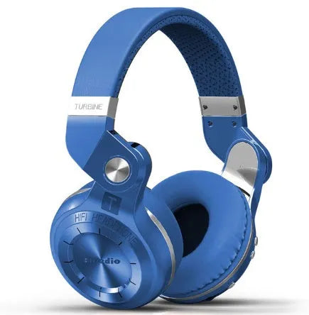 Bluedio T2 Plus wireless Bluetooth on-ear headphones in blue, showing ear cup and headband.