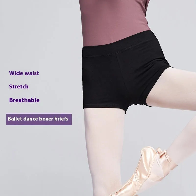 Women's solid black cotton ballet practice shorts for dance exercise with Asian sizing options