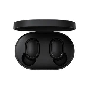 Redmi AirDots Black true wireless earbuds and their white charging case on a table