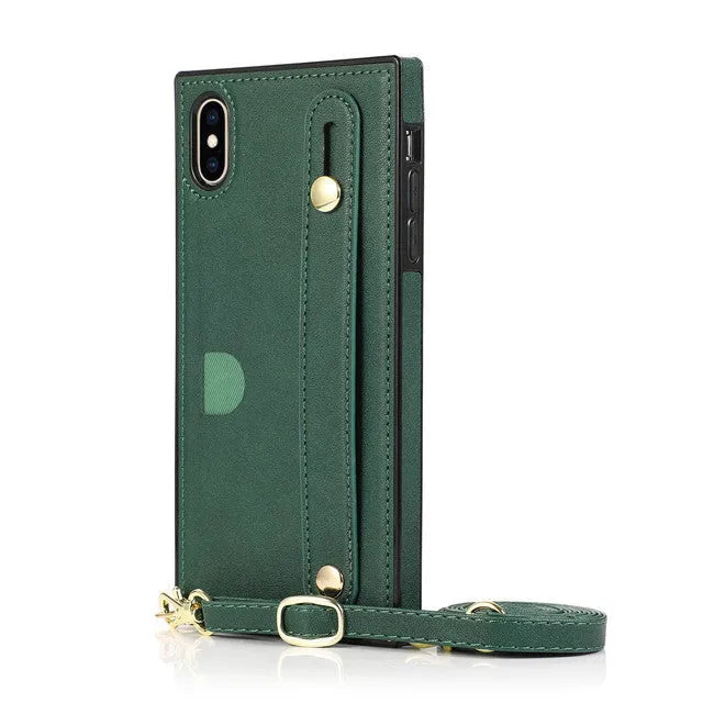 Leather iPhone case with built-in card slot and wrist strap in multiple colours