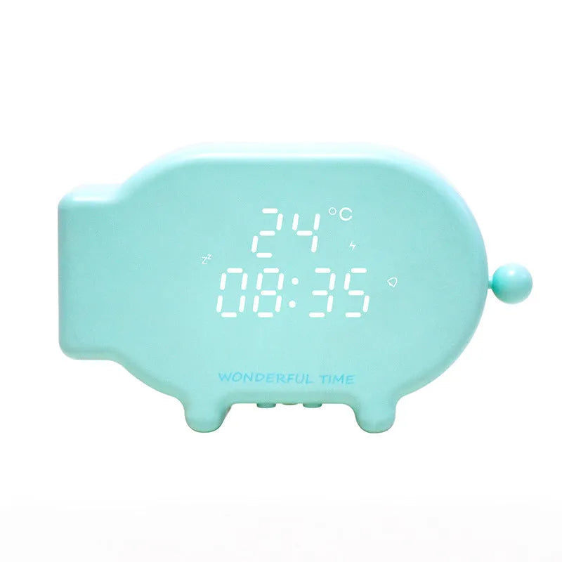 Blue multifunctional LED alarm clock showing time and temperature with USB charging cable