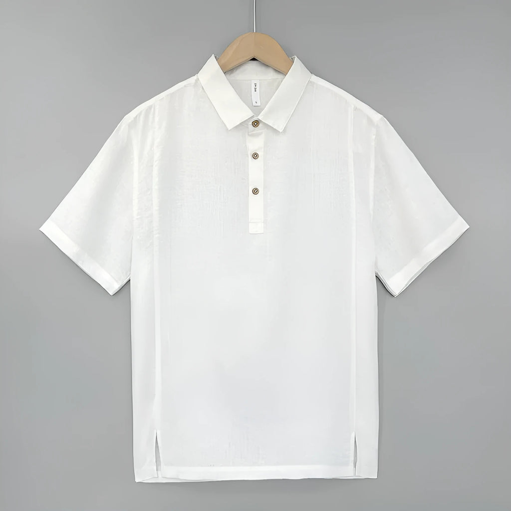 Men's loose-fit linen summer top with thin lapels and short sleeves in gray green colour