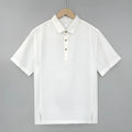 Men's loose-fit linen summer top with thin lapels and short sleeves in gray green colour