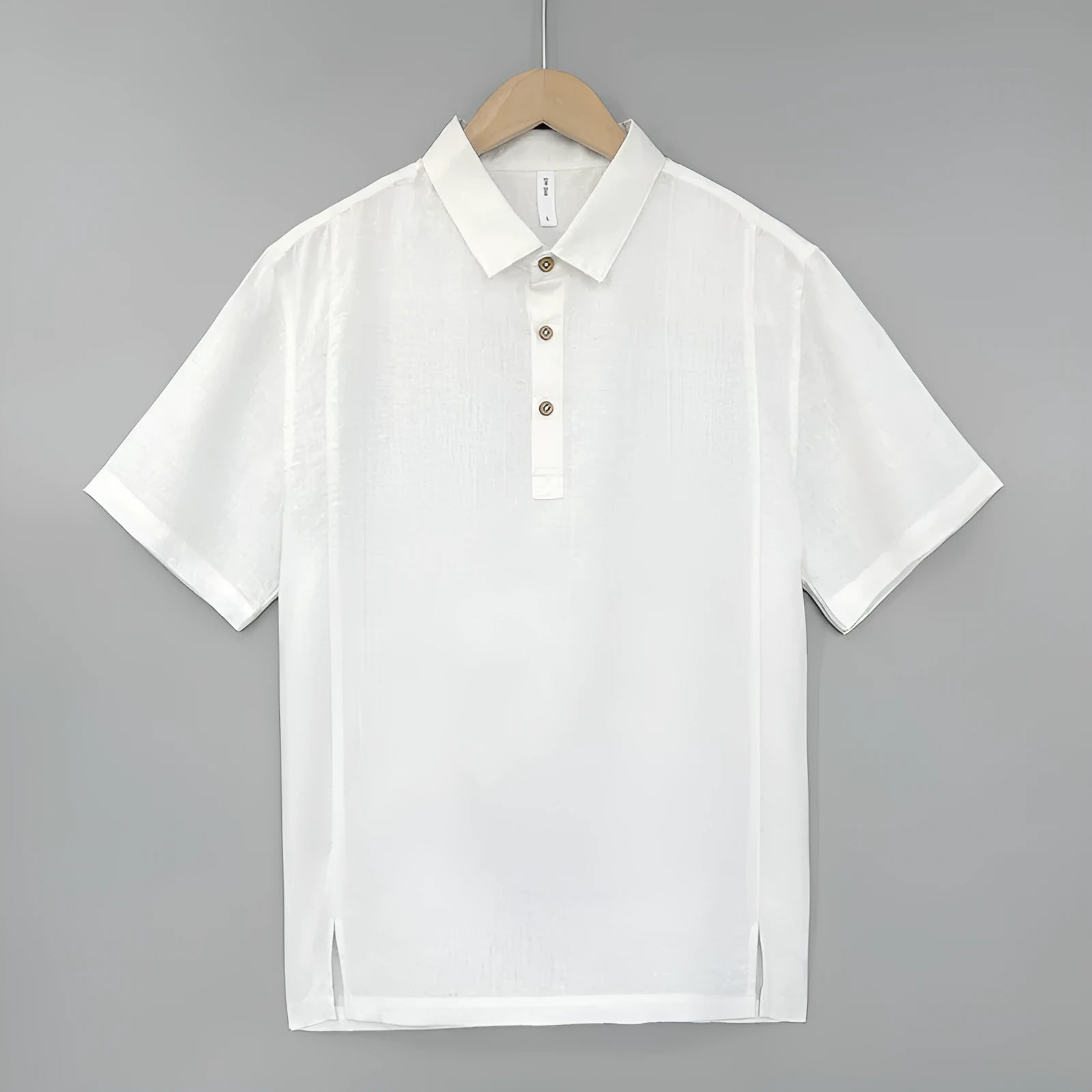 Men's loose-fit linen summer top with thin lapels and short sleeves in gray green colour