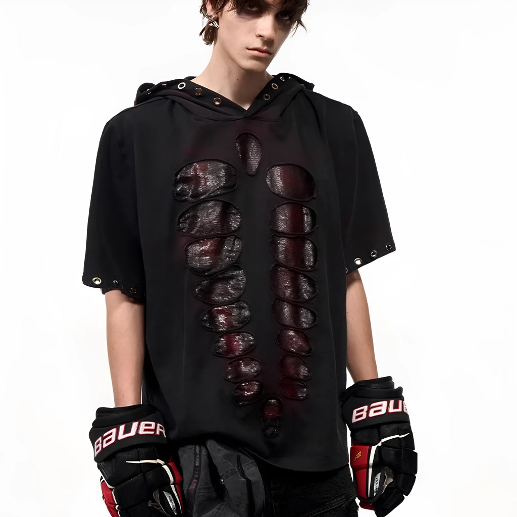Black men's hooded T-shirt with sequin detailing on loose fit short sleeve design