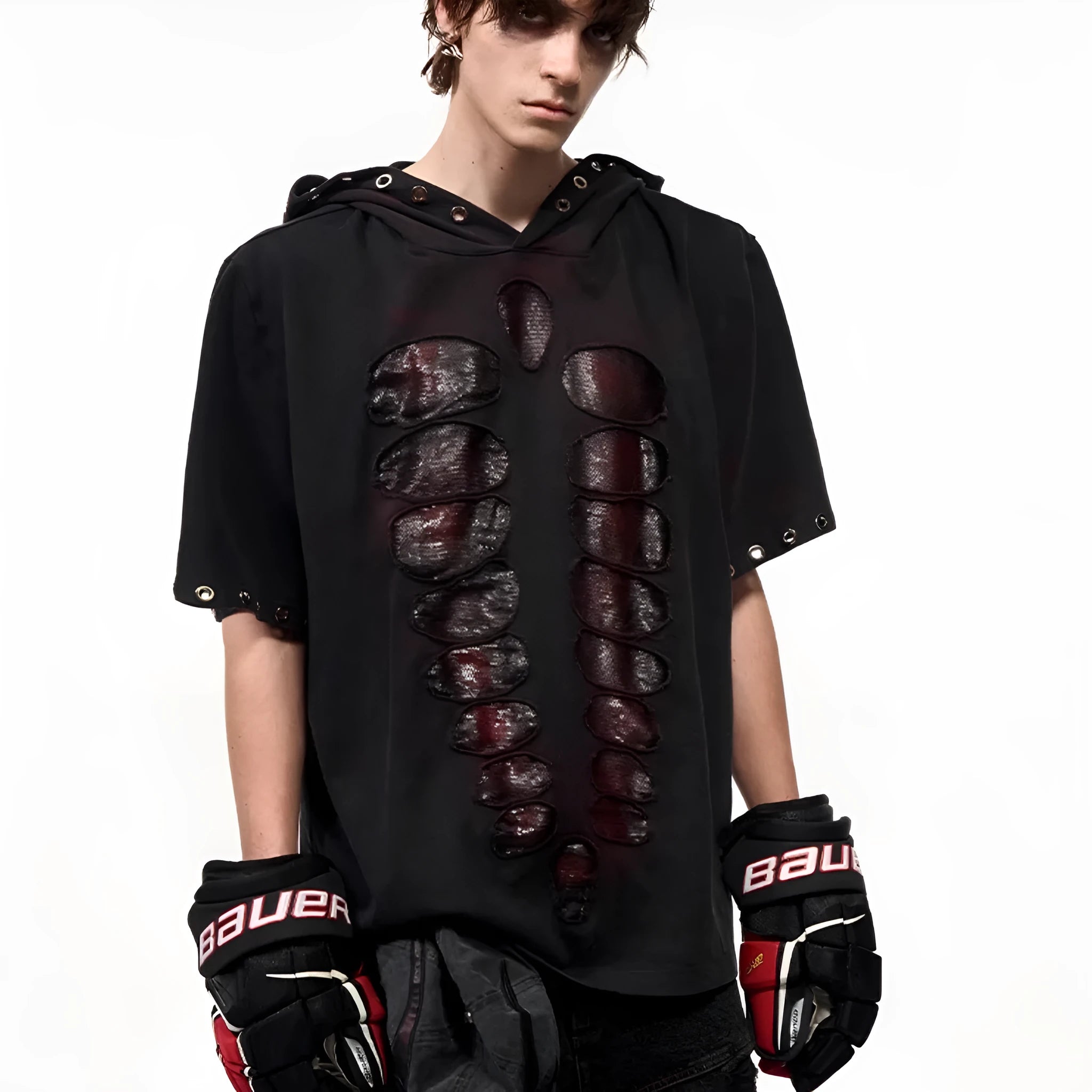 Black men's hooded T-shirt with sequin detailing on loose fit short sleeve design