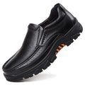 Men's black and brown leather business casual shoes with rubber soles.
