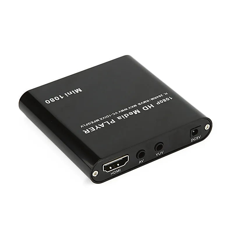 Compact black or blue 1080P HDMI media player with USB and SD card ports.
