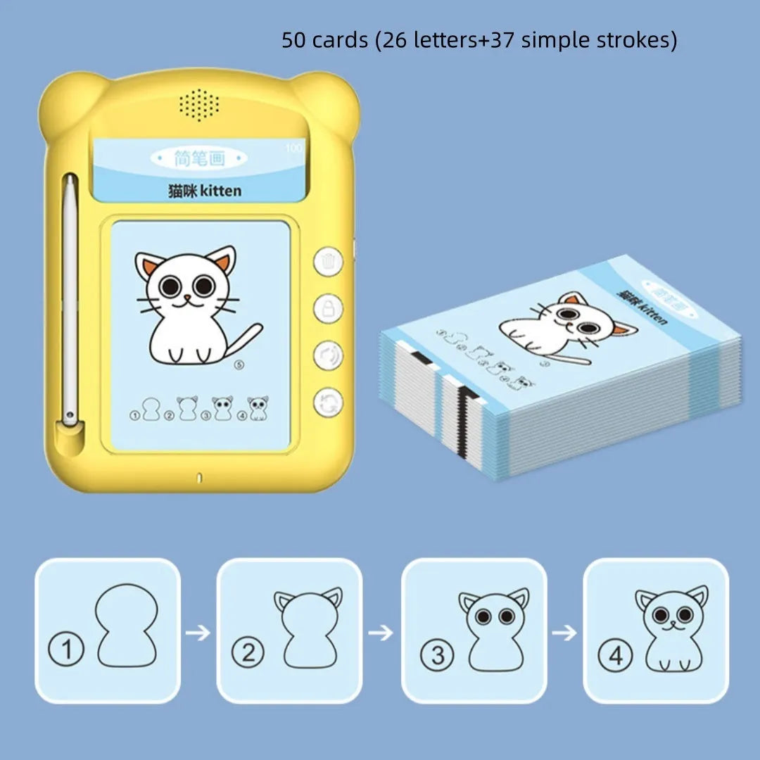 Yellow bilingual early learning machine with stick figure design and learning cards